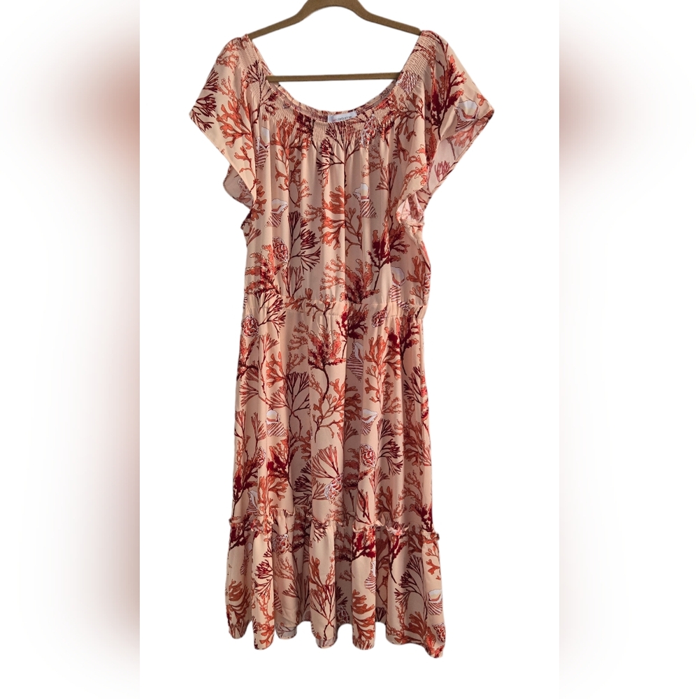 Liz Claiborne Coral & Conch Shell Tiered Maxi Dress Sz XL